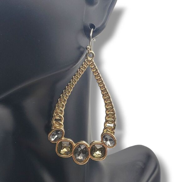 Gold Tone Teardrop Dangle Drop Hook Earrings Gray Golden Faceted Rhinestones - Picture 6 of 7
